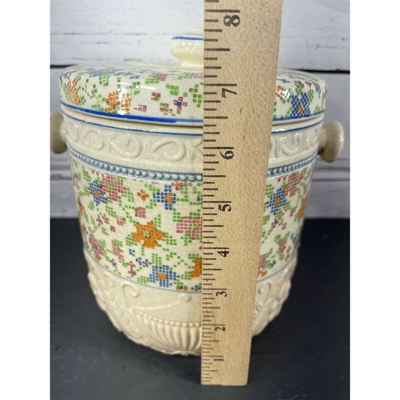 Vintage Ceramic Biscuit Cookie Cracker Jar Barre Cross Stich Pattern No Handle - Picture 9 of 12